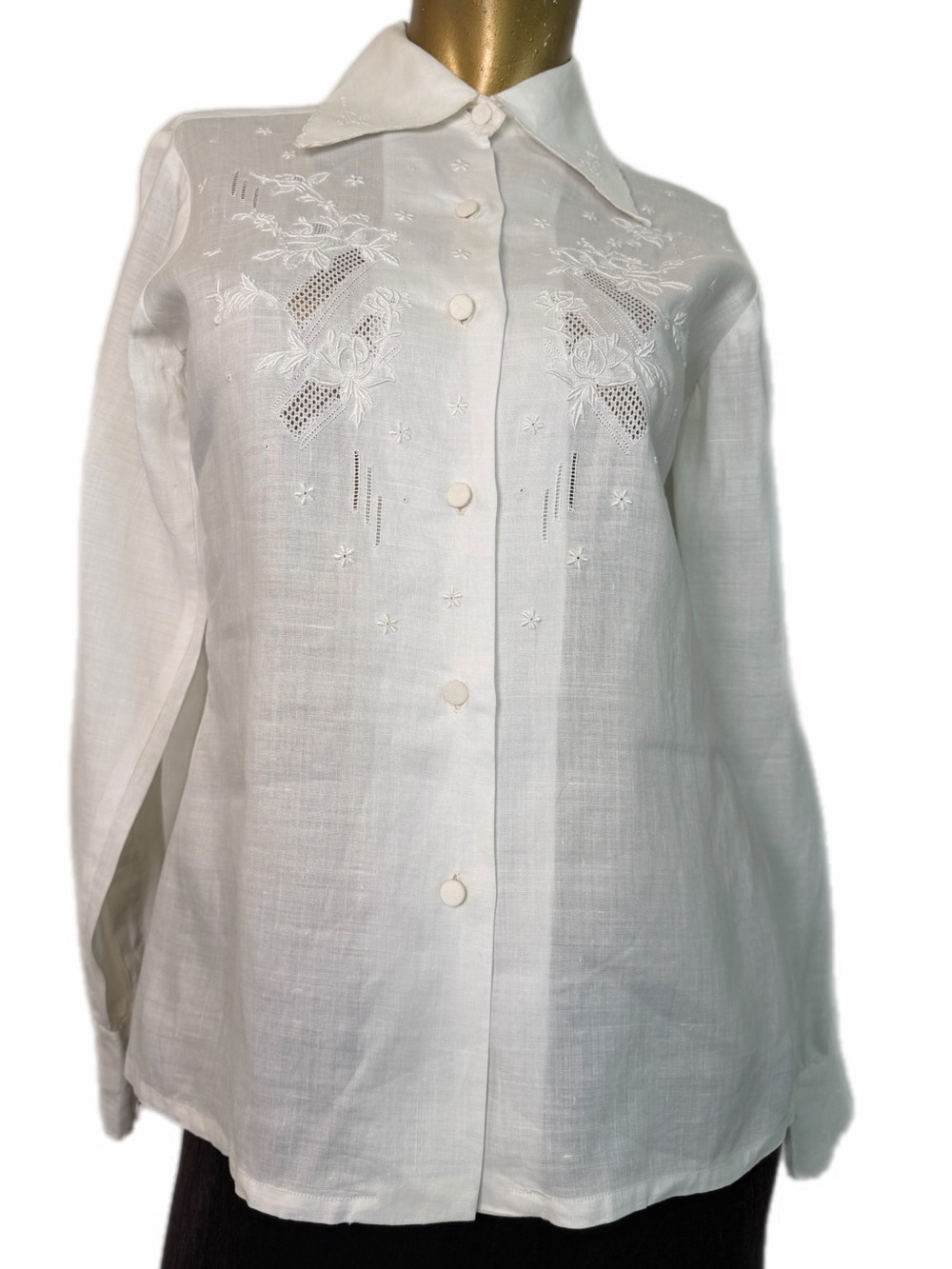 Vintage White Floral Embroidered Cutwork Collared Button Down Shirt Size 8